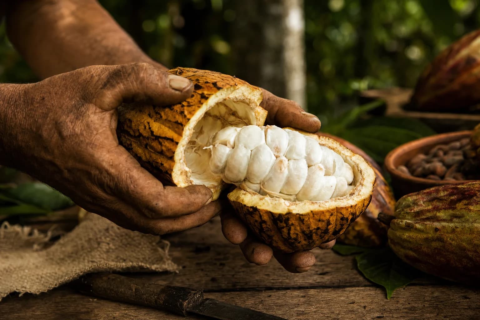 Cacau fresco aberto na Fazenda Recanto do Alberto
